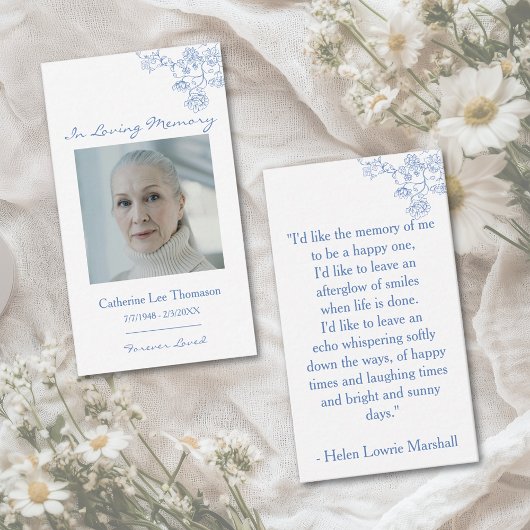 Elegant Blue Floral Photo Prayer Card 名刺