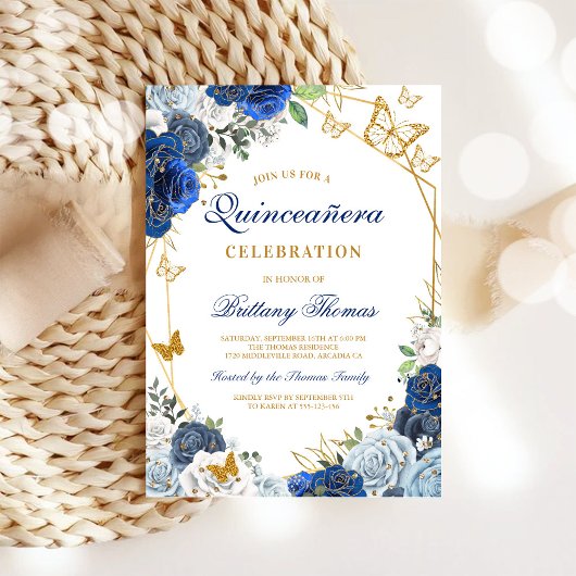 Elegant Blue Floral Quinceañera Invitation 招待状
