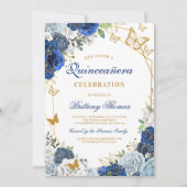 Elegant Blue Floral Quinceañera Invitation 招待状 (正面)