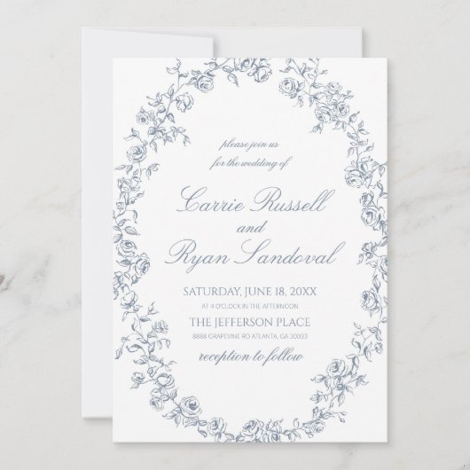 Elegant Blue Floral Roses Fine Line Art Wedding 招待状 (正面)