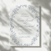 Elegant Blue Floral Roses Fine Line Art Wedding 招待状