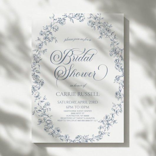 Elegant Blue Floral Roses Line Art Bridal Shower 招待状