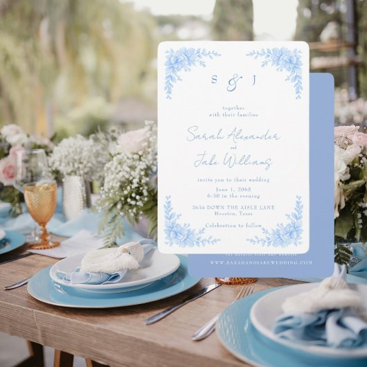 Elegant Blue Floral Rounded Wedding Website 招待状