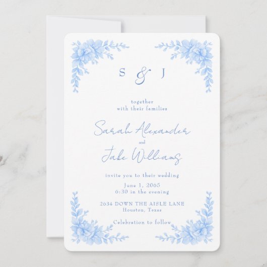 Elegant Blue Floral Rounded Wedding Website 招待状 (正面)