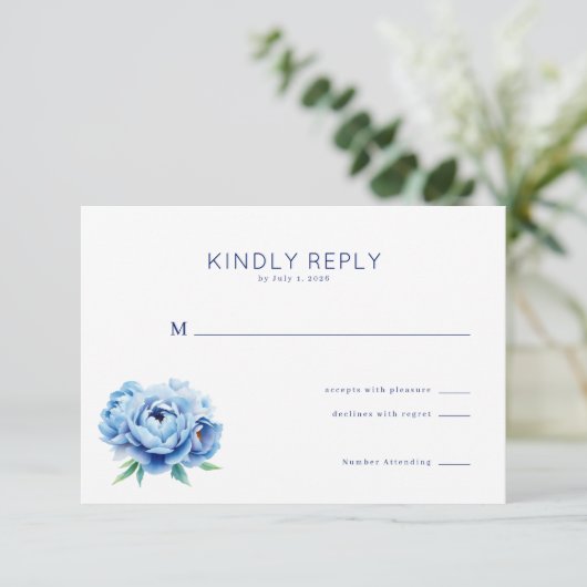 Elegant Blue Floral RSVP Card (スタンド正面)