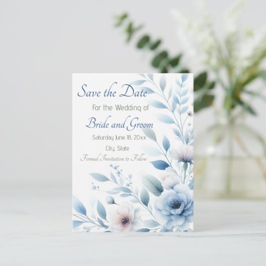 Elegant Blue Floral Save the Date ポストカード (スタンド正面)