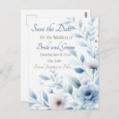 Elegant Blue Floral Save the Date ポストカード (正面/裏面)