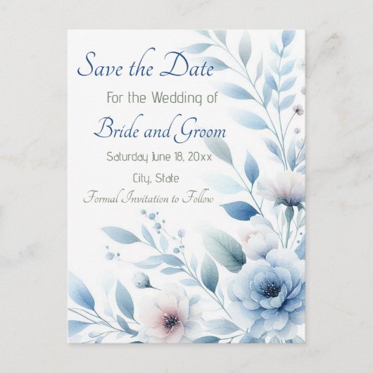 Elegant Blue Floral Save the Date ポストカード (正面)