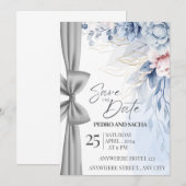 Elegant Blue Floral Save The Date Card with Silver (正面/裏面)