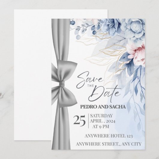 Elegant Blue Floral Save The Date Card with Silver (正面/裏面)
