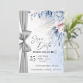 Elegant Blue Floral Save The Date Card with Silver セーブザデート (スタンド正面)
