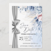 Elegant Blue Floral Save The Date Card with Silver セーブザデート (正面/裏面)