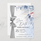 Elegant Blue Floral Save The Date Card with Silver 招待状 (正面/裏面)