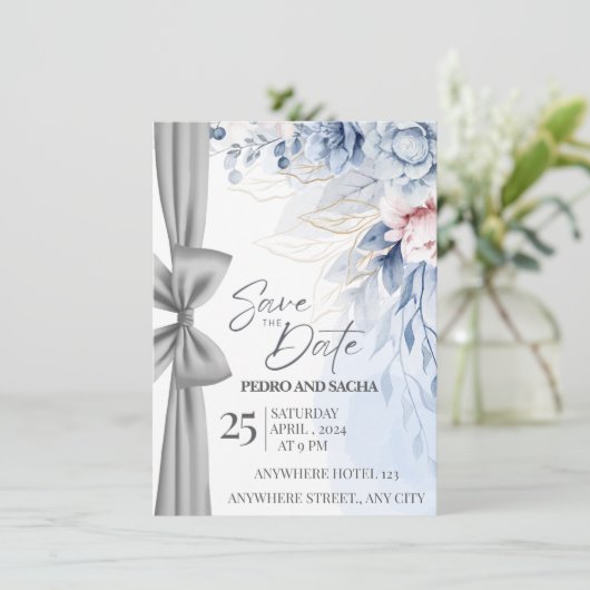 Elegant Blue Floral Save The Date Card with Silver 招待状 (スタンド正面)