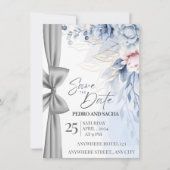 Elegant Blue Floral Save The Date Card with Silver 招待状 (正面)