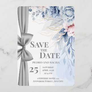 Elegant Blue Floral Save The Date Wedding Invitati 箔招待状