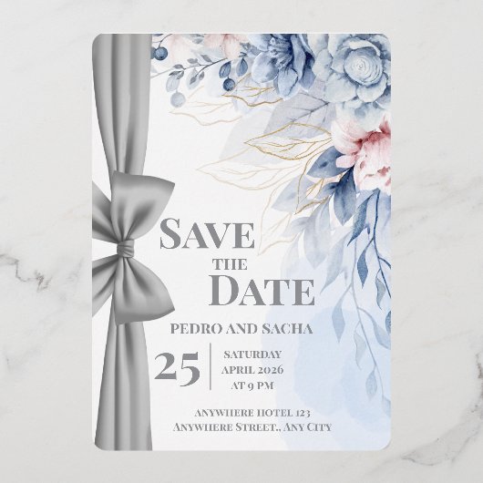 Elegant Blue Floral Save The Date Wedding Invitati 箔招待状 (正面)