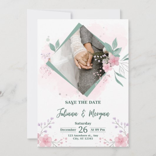 Elegant Blue Floral Save The Date Wedding Invite 招待状 (正面)