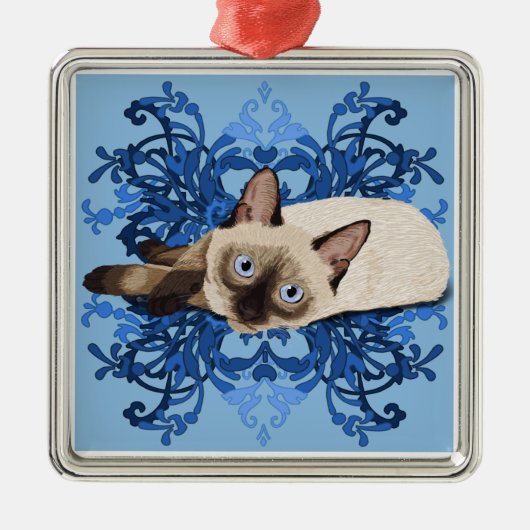 Elegant Blue Floral Siamese Cat Pretty Feline メタルオーナメント (正面)