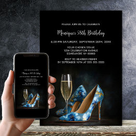 Elegant Blue Floral Stiletto Shoes Birthday Party 招待状