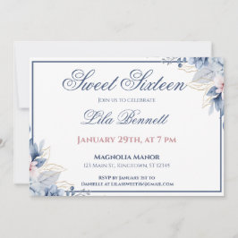 Elegant Blue Floral Sweet 16 Invitation 招待状