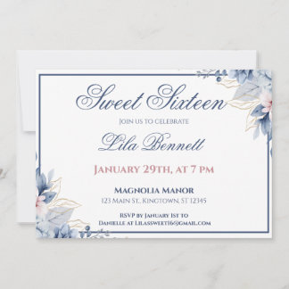 Elegant Blue Floral Sweet 16 Invitation 招待状
