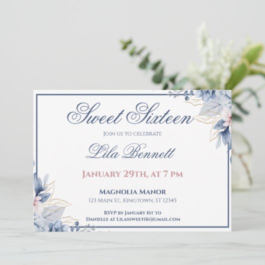 Elegant Blue Floral Sweet 16 Invitation 招待状 (スタンド正面)