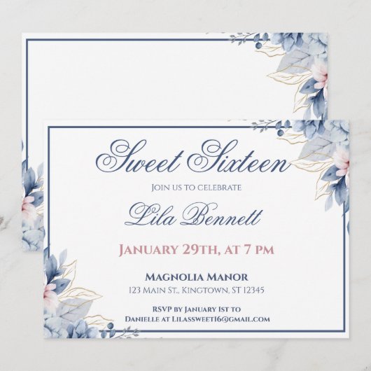 Elegant Blue Floral Sweet 16 Invitation 招待状 (正面/裏面)