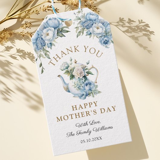Elegant Blue Floral Teapot Mother's Day Thank you ギフトタグ