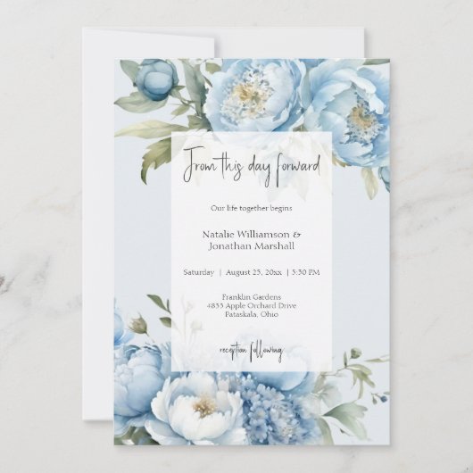Elegant Blue Floral Two Sided Wedding Invitation 招待状 (正面)