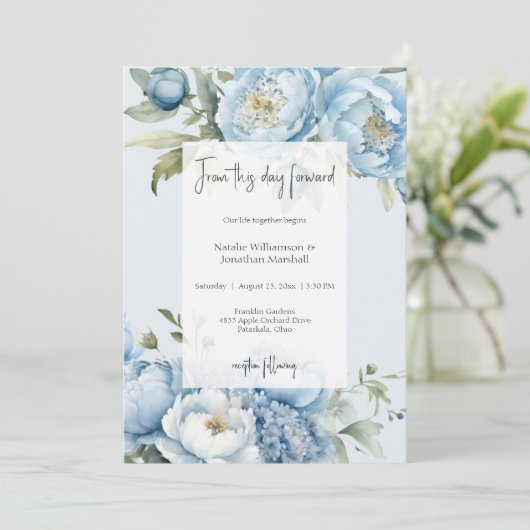 Elegant Blue Floral Two Sided Wedding Invitation 招待状 (スタンド正面)