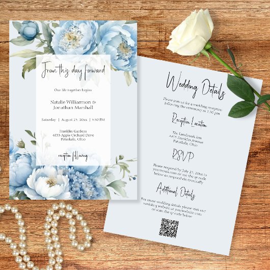 Elegant Blue Floral Two Sided Wedding Invitation 招待状
