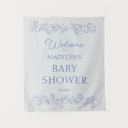 Elegant Blue Floral Vines Baby Shower Welcome Sign タペストリー