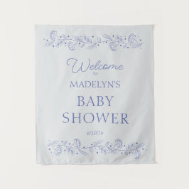 Elegant Blue Floral Vines Baby Shower Welcome Sign タペストリー