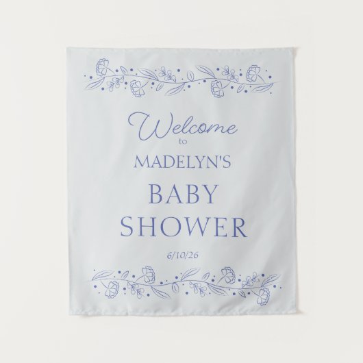 Elegant Blue Floral Vines Baby Shower Welcome Sign タペストリー (正面)