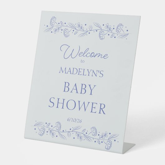 Elegant Blue Floral Vines Baby Shower Welcome Sign 台座サイン (正面)