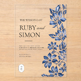 Elegant Blue Floral Vintage Wedding アクリル招待状