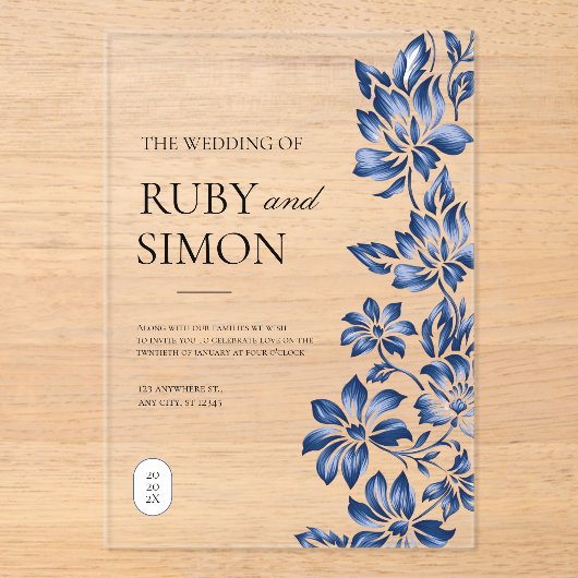 Elegant Blue Floral Vintage Wedding アクリル招待状 (正面)