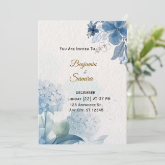 Elegant Blue Floral Watercolor Wedding Invitation  招待状