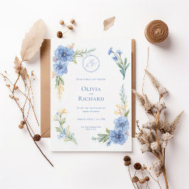 Elegant Blue Floral Watercolor Wedding Invitation 招待状