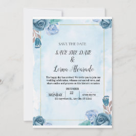 Elegant Blue Floral Watercolor Wedding Save the Da 招待状