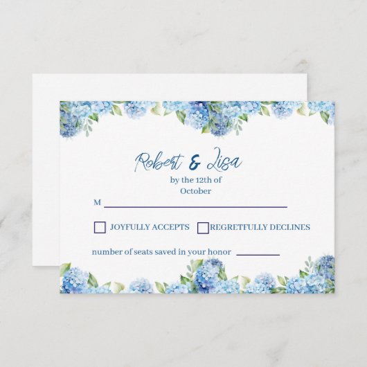 Elegant Blue Floral Wedding  出欠カード (正面/裏面)