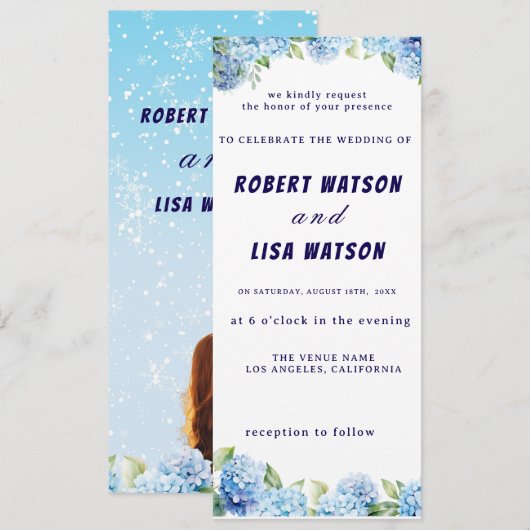 Elegant Blue Floral Wedding  招待状 (正面/裏面)