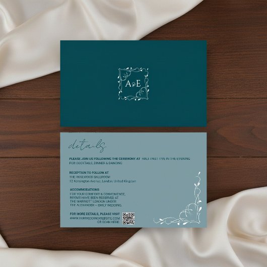 Elegant Blue Floral Wedding Details Card 出欠カード