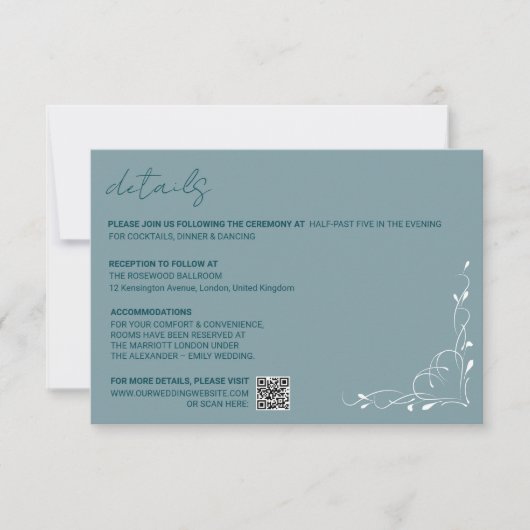 Elegant Blue Floral Wedding Details Card 出欠カード (正面)