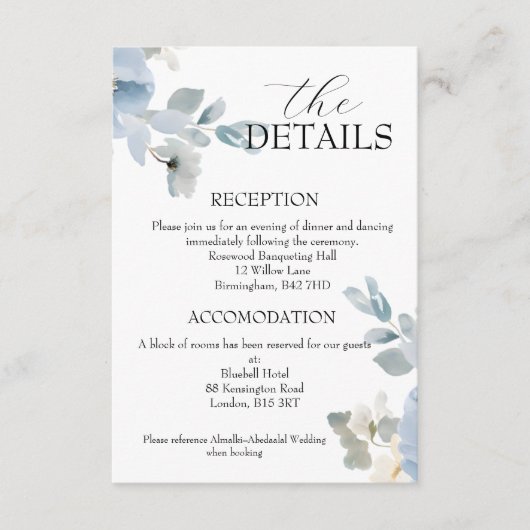 Elegant Blue Floral Wedding Details Enclosure Card エンクロージャーカード (正面)