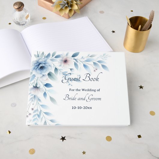 Elegant Blue Floral Wedding Guest Book ゲストブック (正面見開き)