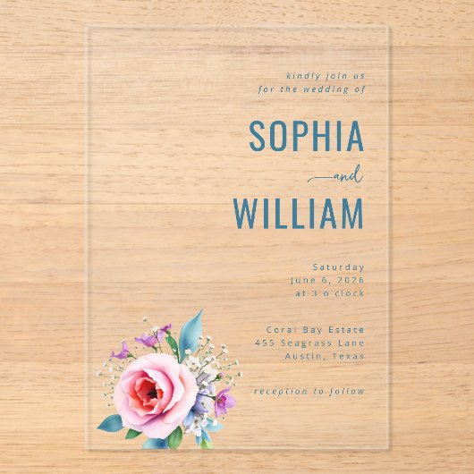 Elegant Blue Floral Wedding Invitation アクリル招待状 (正面)