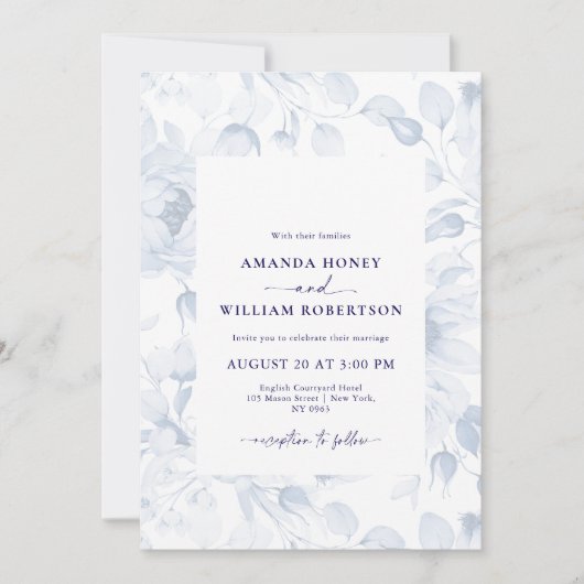 Elegant Blue Floral Wedding Invitation 招待状 (正面)
