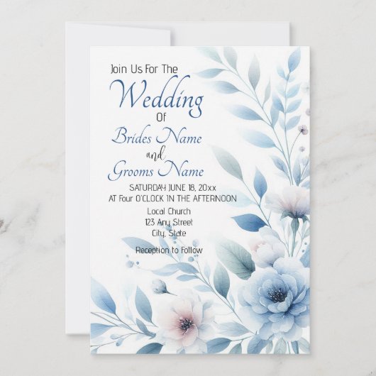 Elegant Blue Floral Wedding Invitation 招待状 (正面)